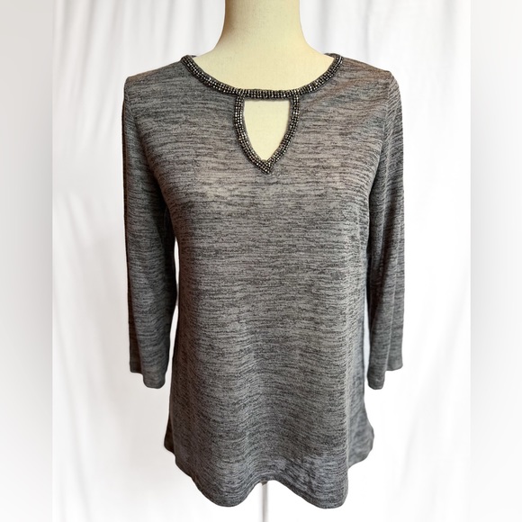 Juicy Couture 3/4-Sleeve Heathered Gray Top with Beaded Neckline - Picture 1 of 5
